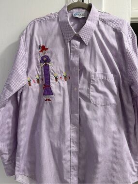 Red Hat lady Lavender Gingham Embroidered Button-Down Shirt